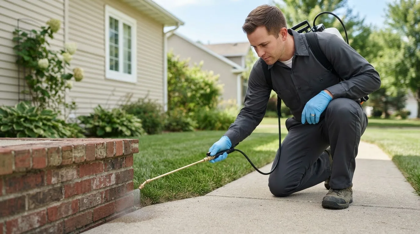Pest control technician treating a home near Wellsville, KS